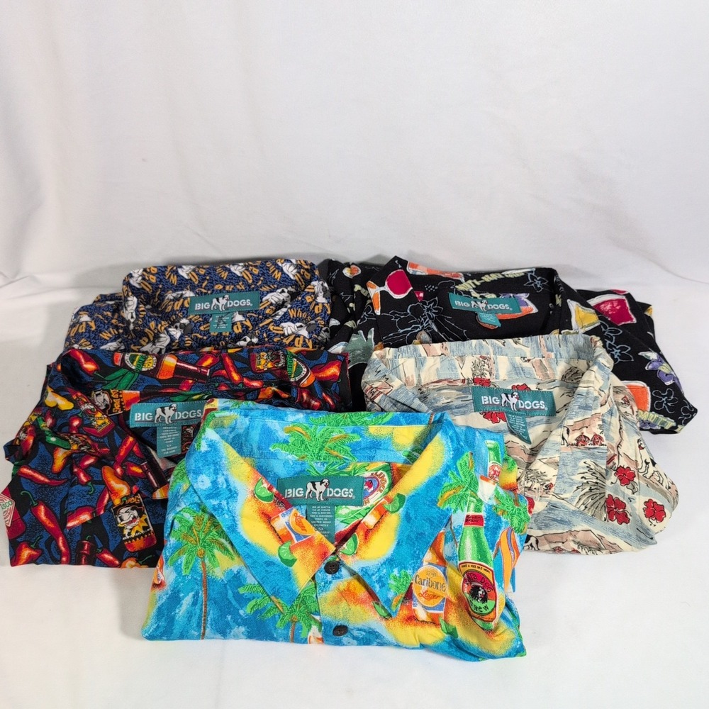 (5) Big Dogs Hawaiian Shirt Mens 5X Short Sleeve Rayon Beach Dog Island Palm